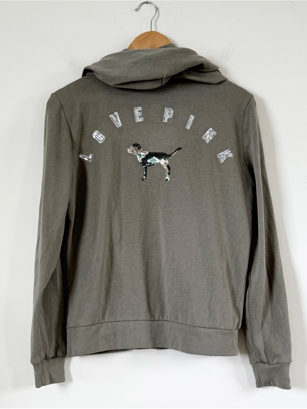 Retro VS Y2K PINK Olive Green Sequin Camo Dog Full Zip Hoodie Size S Streetwear